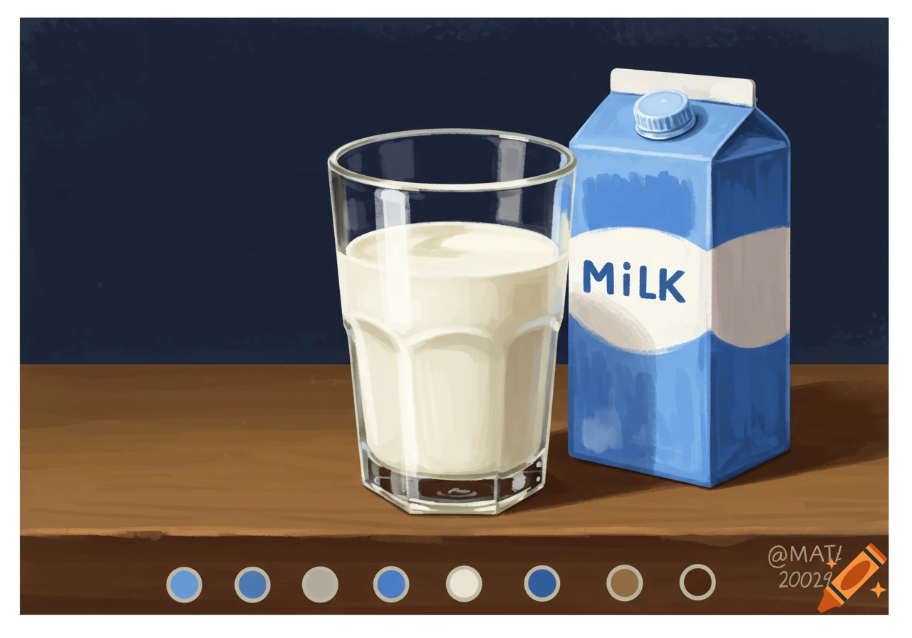 Illustration of a glass of milk and a blue milk carton on a wooden table.