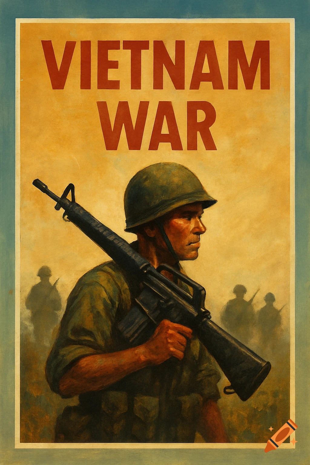 A soldier with a rifle is featured on a poster with the words 'VIETNAM WAR' above.