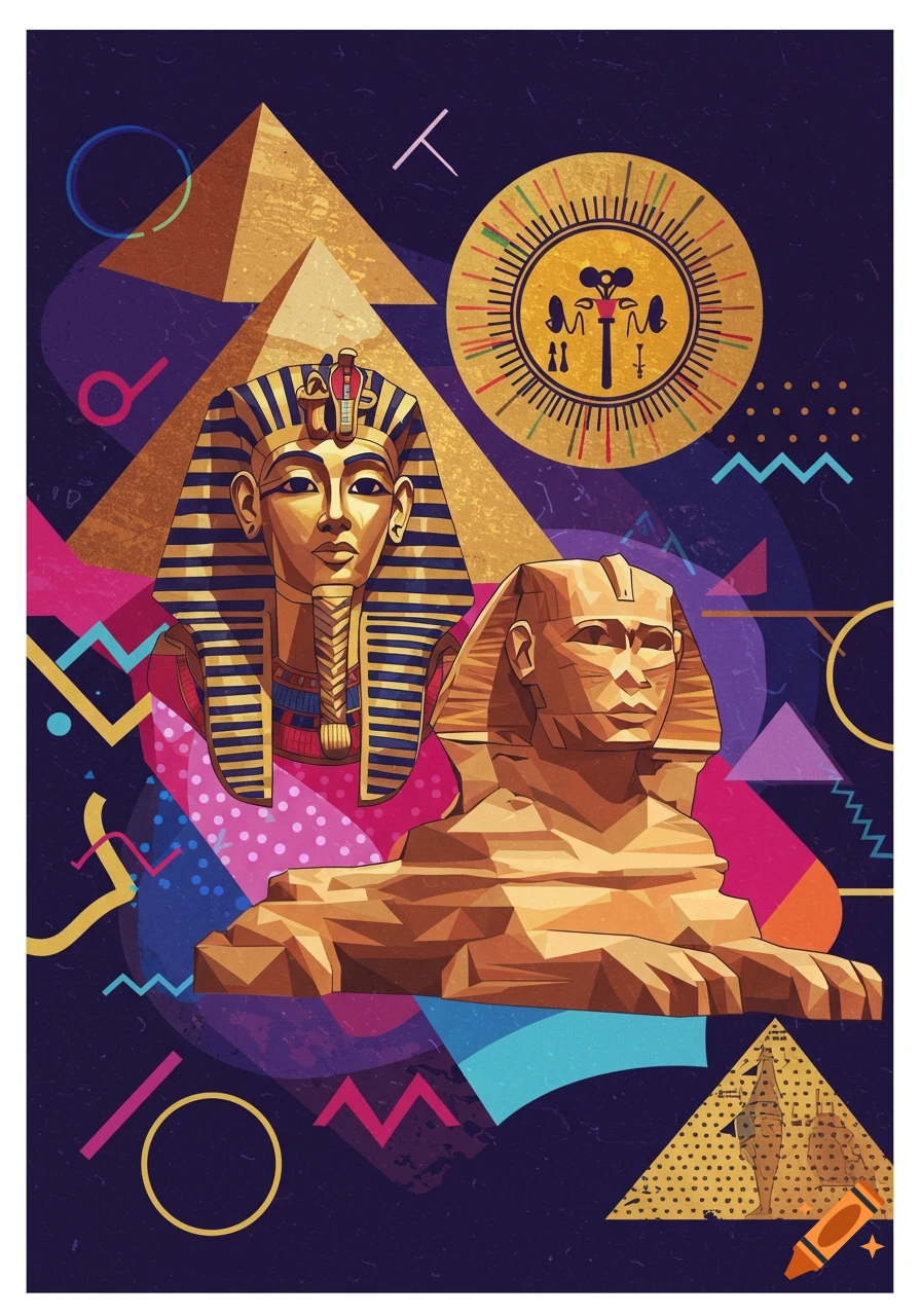 Stylized Egyptian art with a golden pharaoh mask, sphinx, and pyramids on a dark background with bright geometric Memphis-style shapes.