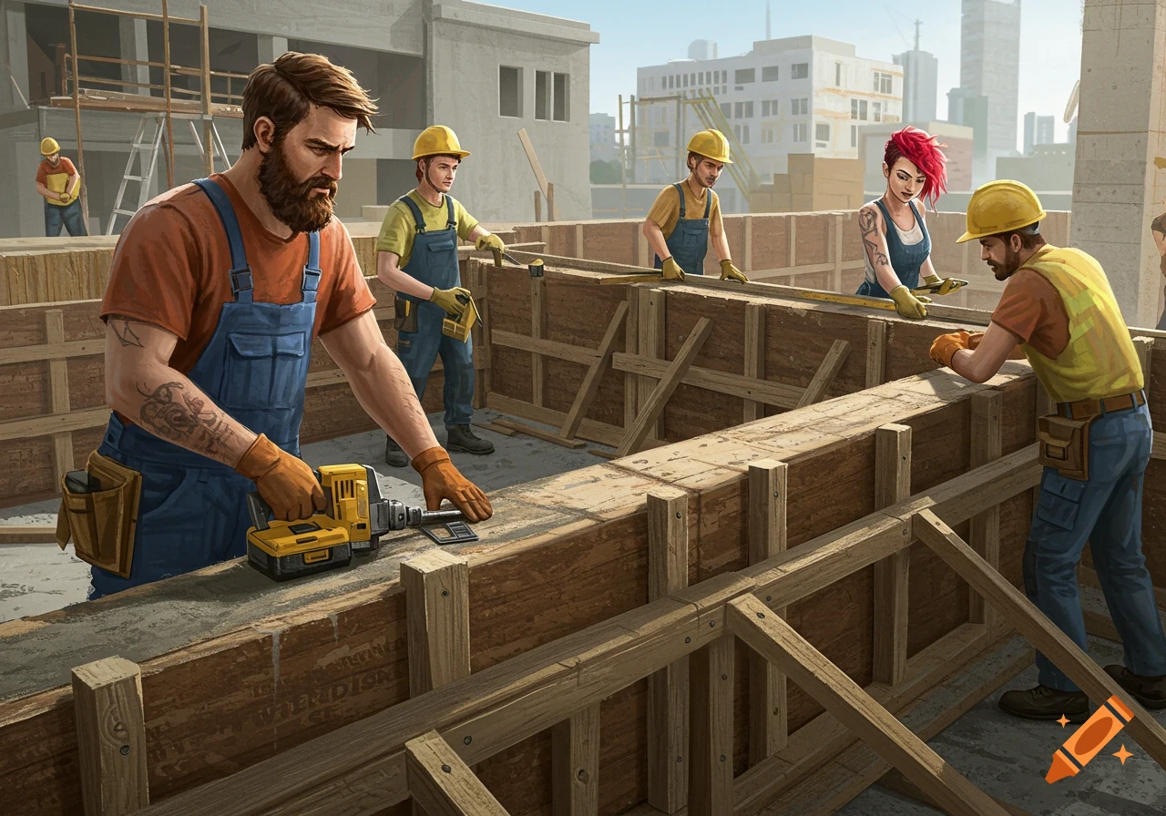 Construction workers building formwork on a construction site.