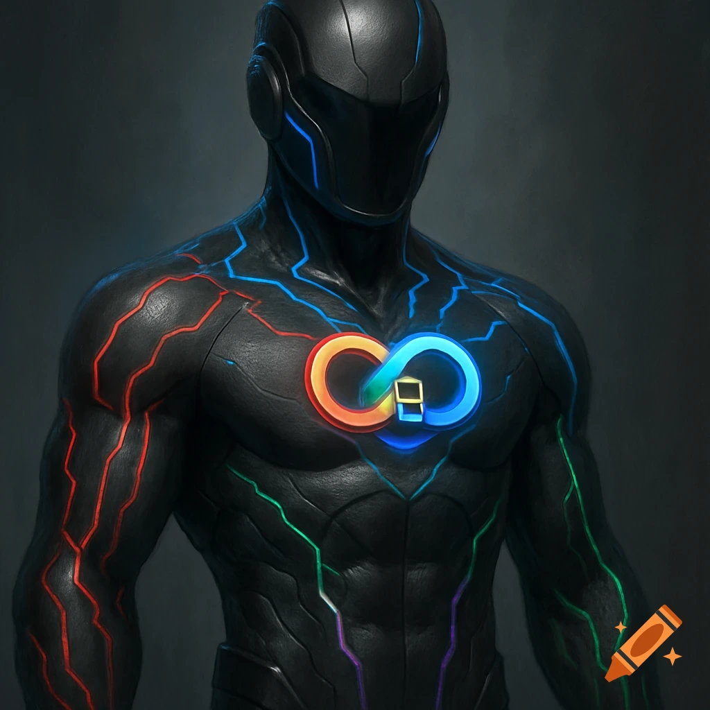 Close-up of a futuristic figure in dark grey armor with glowing red, blue, green, and violet veins and a colorful chest emblem.
