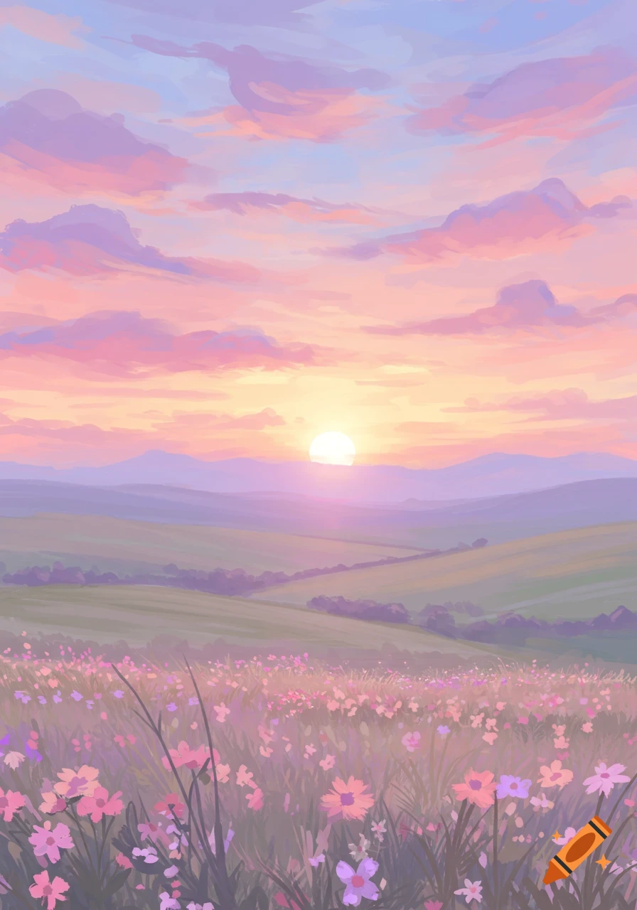 Pastel painting of a field of wildflowers at sunset with rolling hills.