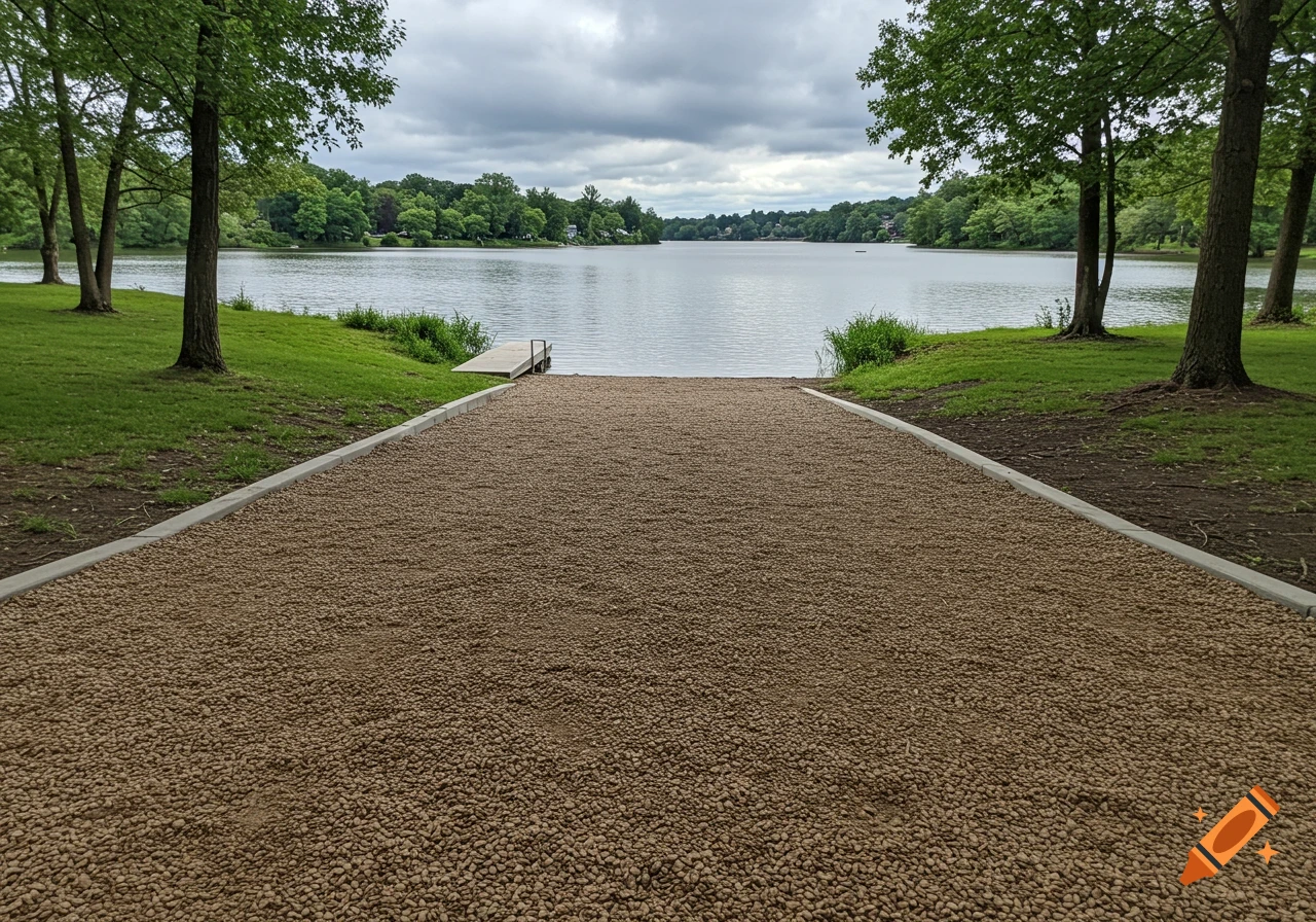 Gravel path leads to a kayak launch on a lake surrounded by trees under a cloudy sky.