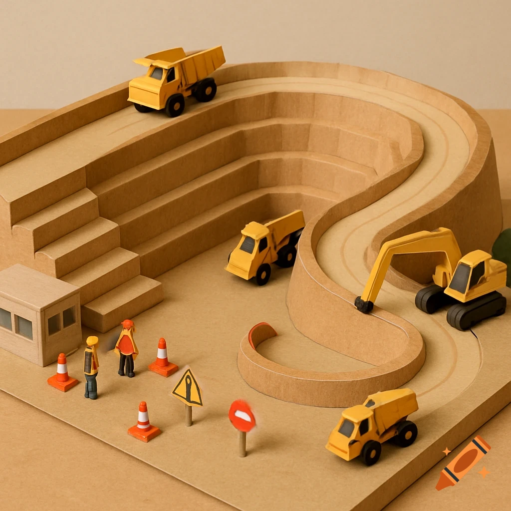 A miniature cardboard model of a mining site with trucks, an excavator, workers, cones, and signs.