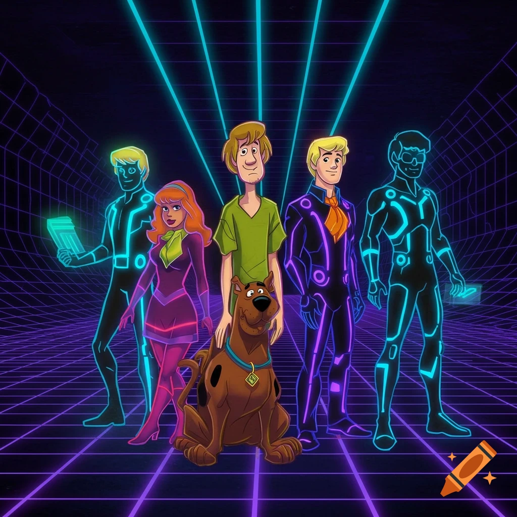 Scooby Doo characters in Tron-inspired outfits on a digital grid background.