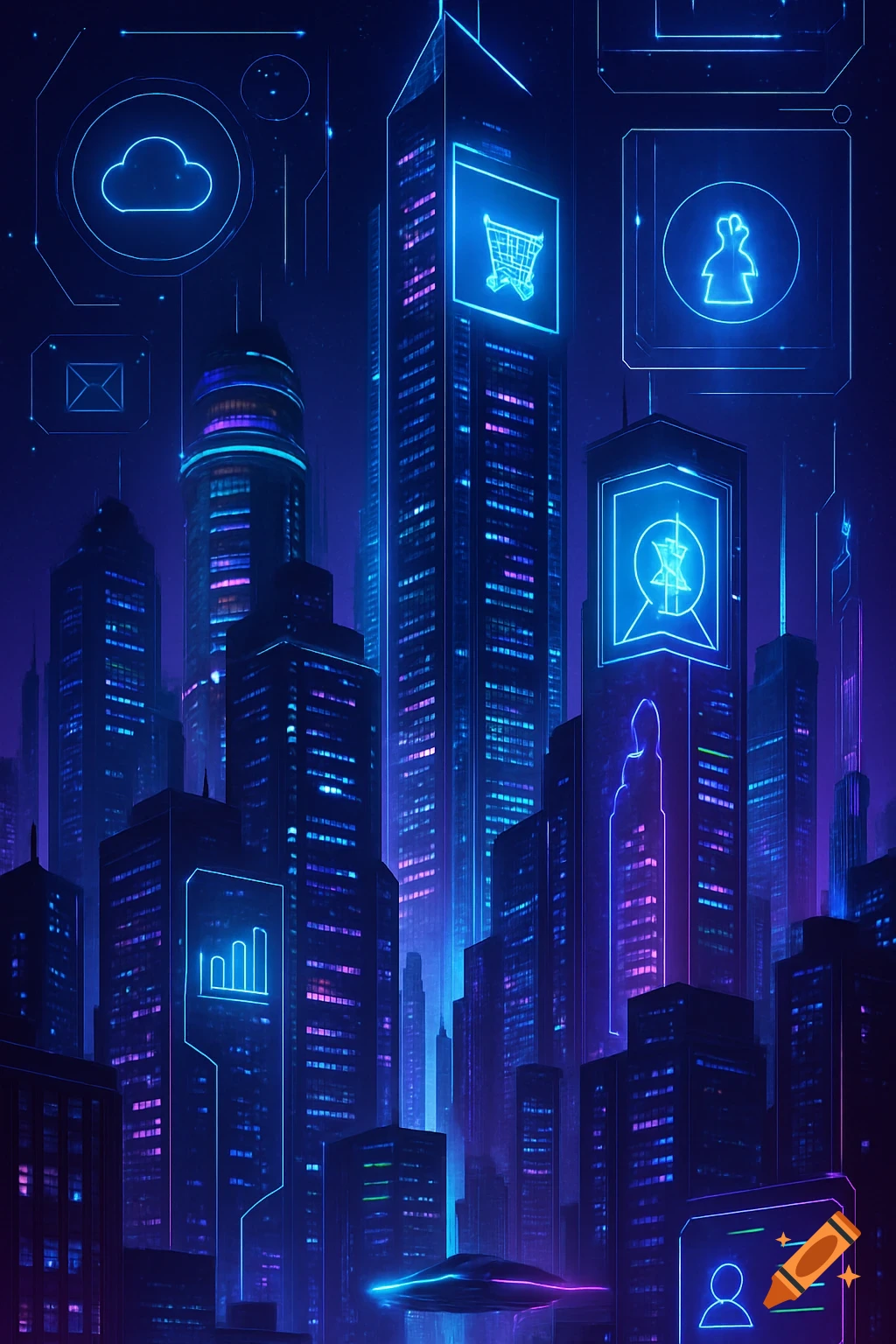 Cyberpunk city skyline at night with neon lit skyscrapers, digital ...