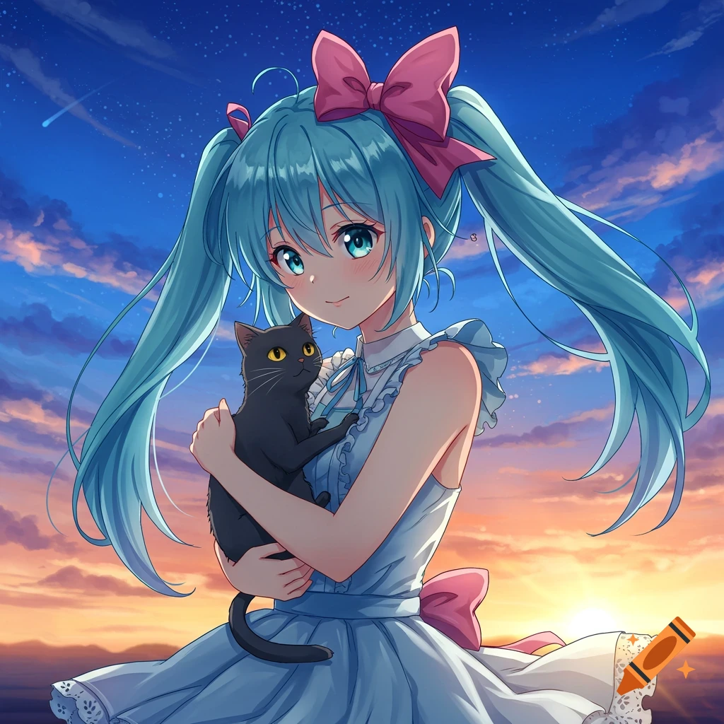 Anime girl holding a black cat in front of a colorful sunset.