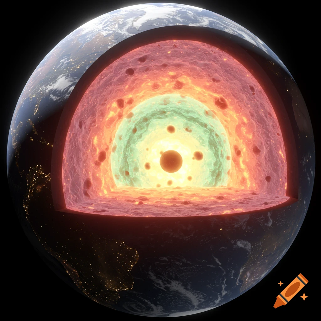 Cross-section rendering of the Earth revealing the core, mantle, and crust.