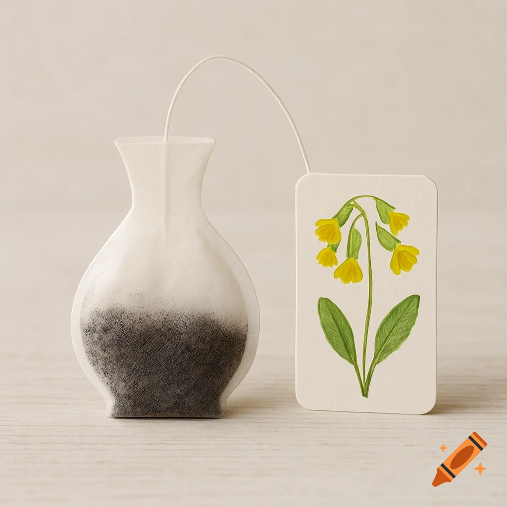 A vase-shaped tea bag with a tag illustrated with yellow cowslip flowers on a light background.