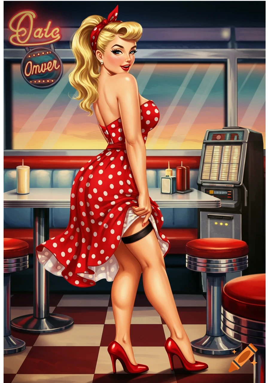 Pin-up style illustration of a woman in a red polka dot dress standing in a diner.