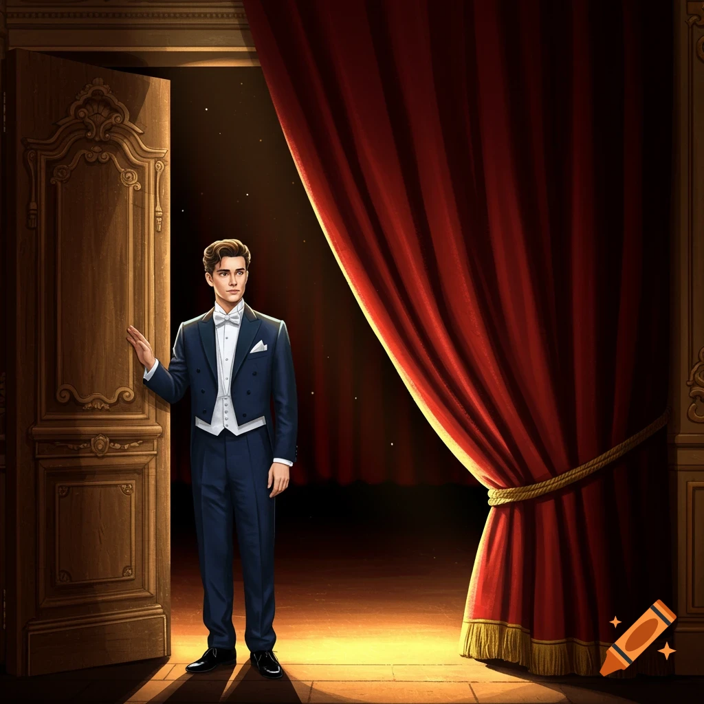 A man in a tuxedo stands by an open door on a stage as a red theatre curtain opens.