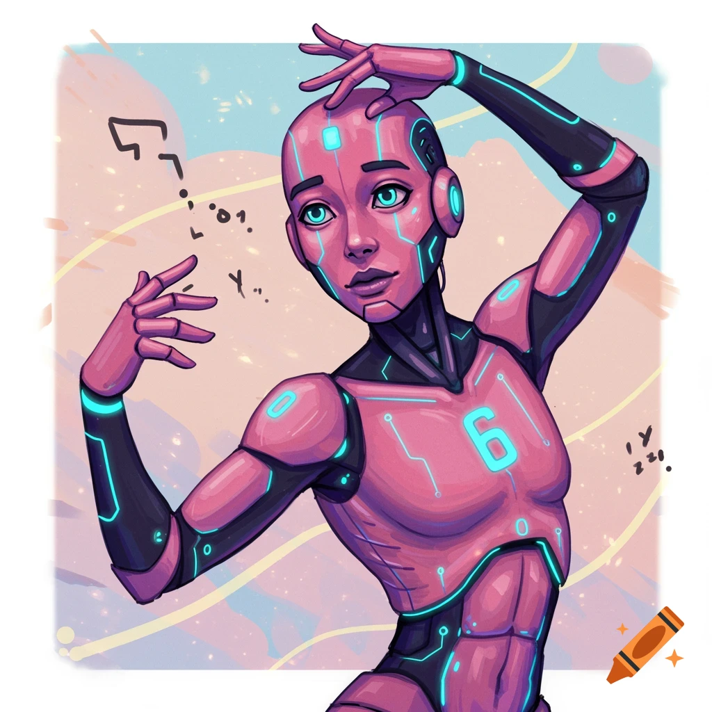 A stylized digital illustration of a pink and black cyborg or robot posing with glowing blue accents.