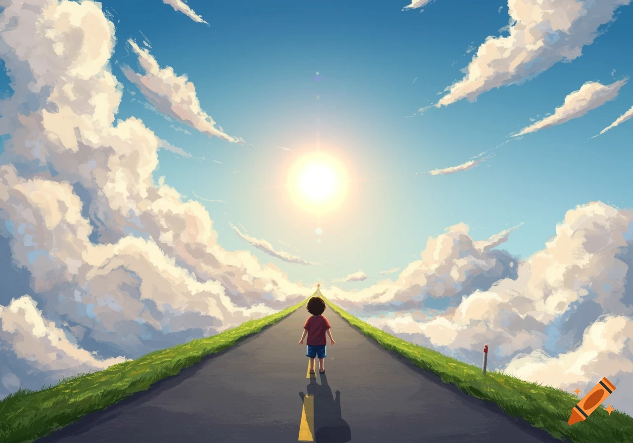 A child walks down a road toward a bright sun in a sky filled with clouds, anime style.