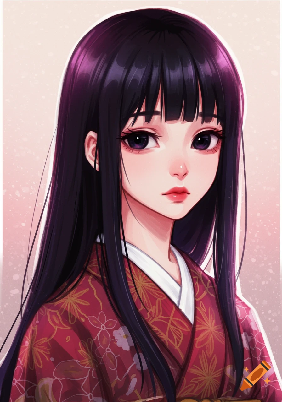 Anime portrait of a young woman with long dark hair and purple eyes wearing a red kimono.