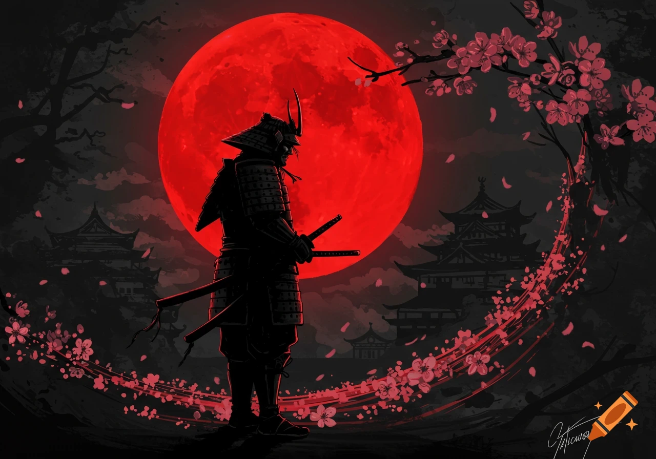 Samurai in armor stands under a giant red moon with cherry blossoms and Japanese buildings.