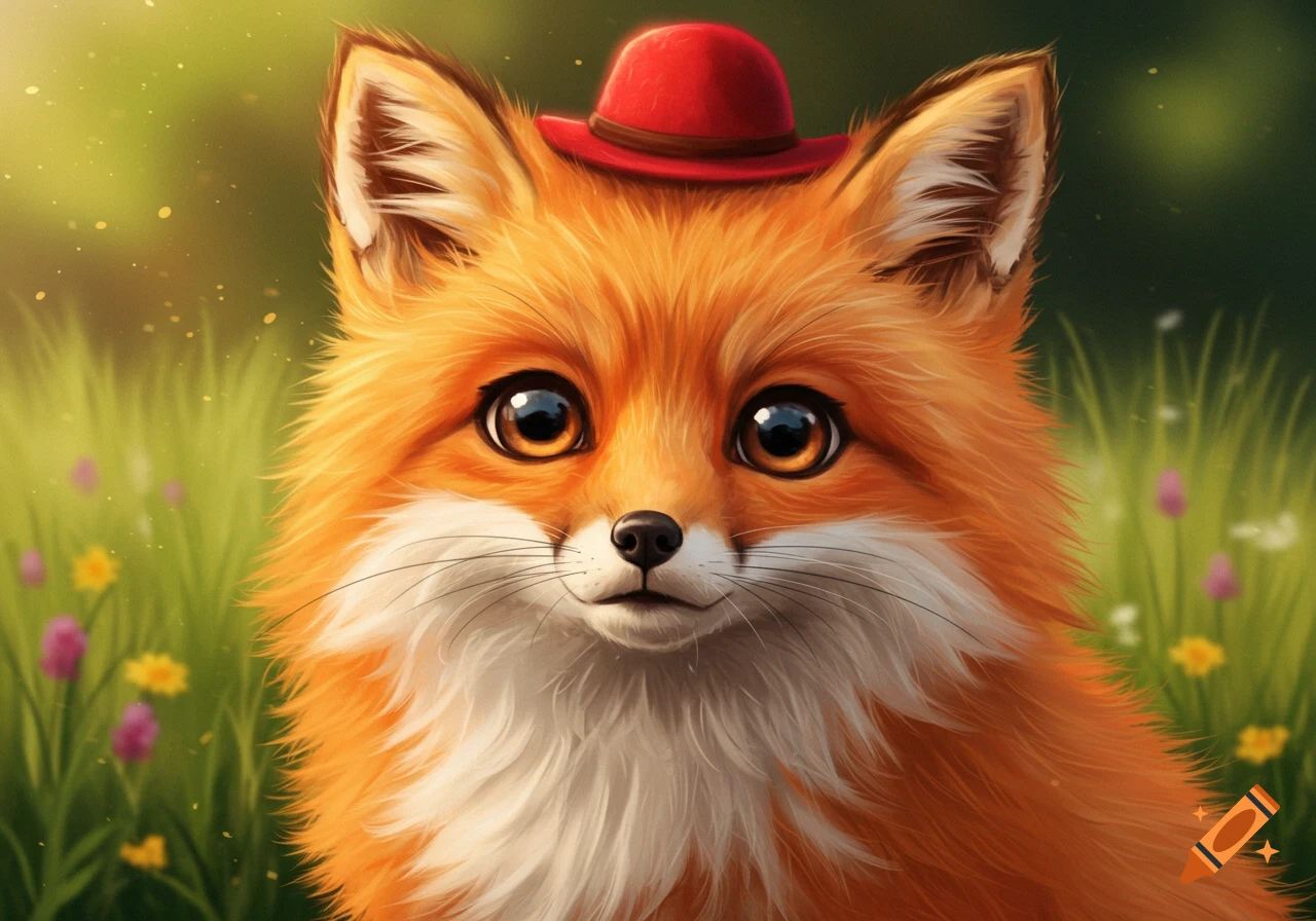 A cute fox wearing a red hat sits in a grassy field with flowers. on ...