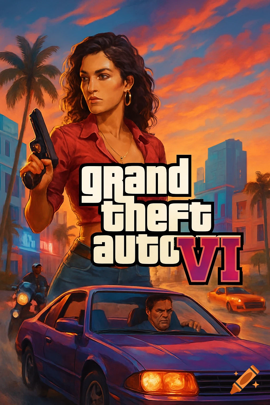 Artwork in the style of a video game cover for Grand Theft Auto VI, featuring a woman with a gun, cars, and a city background at sunset.
