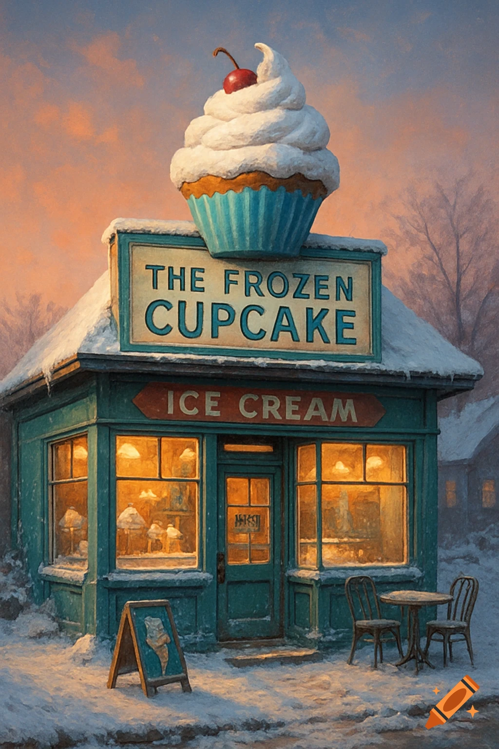 A painterly scene of a snow-covered ice cream shop with a giant cupcake on top at sunset.