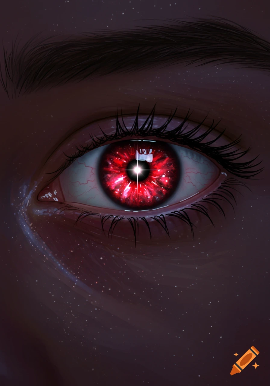 Close-up of an eye with a red galaxy-patterned iris and bright white star pupil.