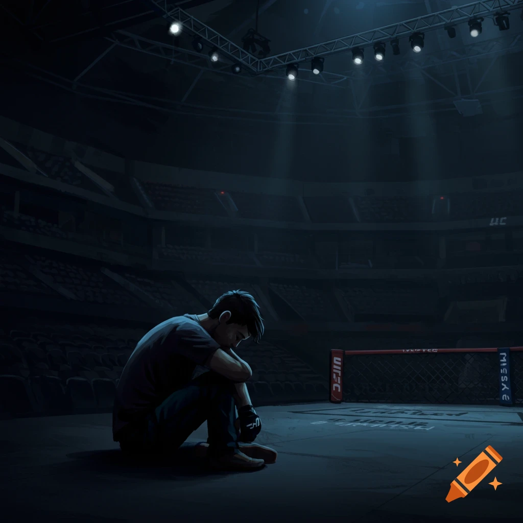Person sits dejected in a dark, empty UFC arena.