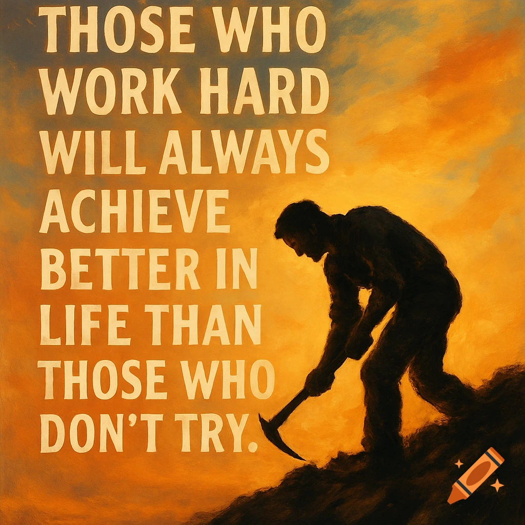 Silhouetted man digging uphill against a dramatic sunset sky, with an inspirational quote.