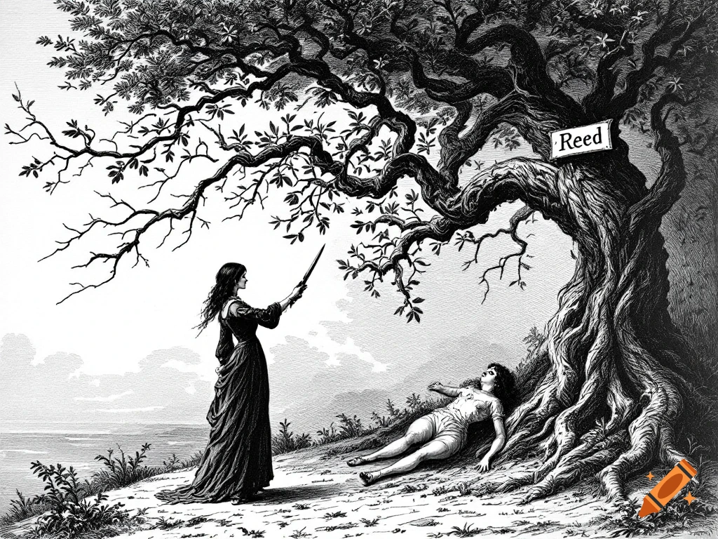 Black and white engraving of a woman pointing a sword at a tree labeled 'Reed' while another woman lies on the ground.