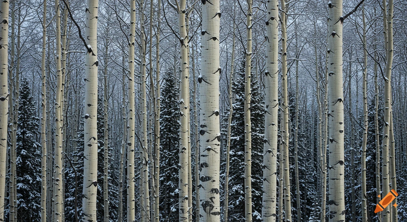 Vertical aspen tree trunks in a snowy winter forest