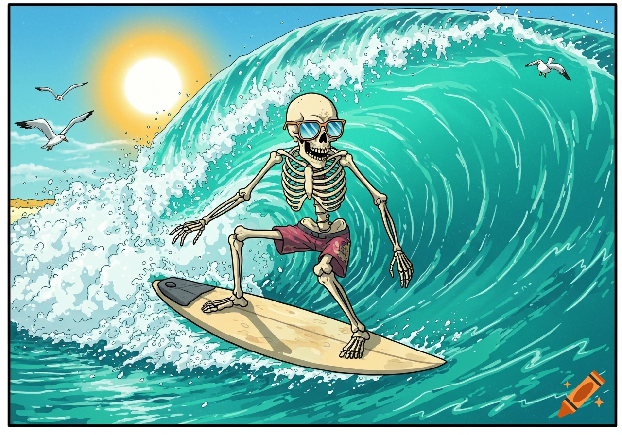 An illustration of a skeleton wearing sunglasses surfing on a large wave.