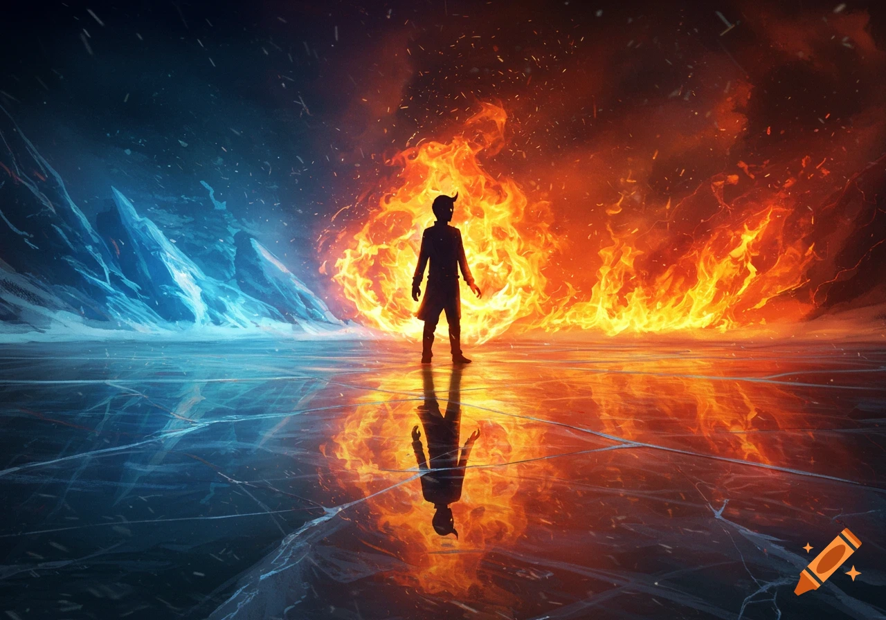 Silhouette person stands on cracked ice between icy mountains and fire, reflected on the surface. Digital art.