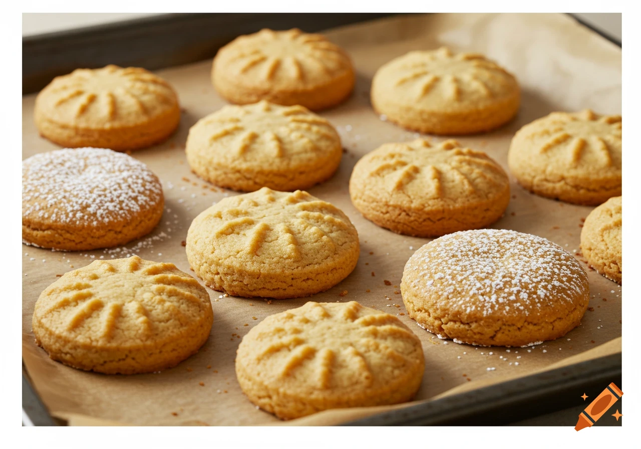A tray filled with patterned cookies, some plain and others dusted with powdered sugar.