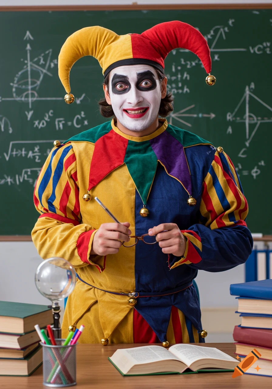 Man in jester costume and makeup holding glasses in a classroom with a chalkboard full of equations.
