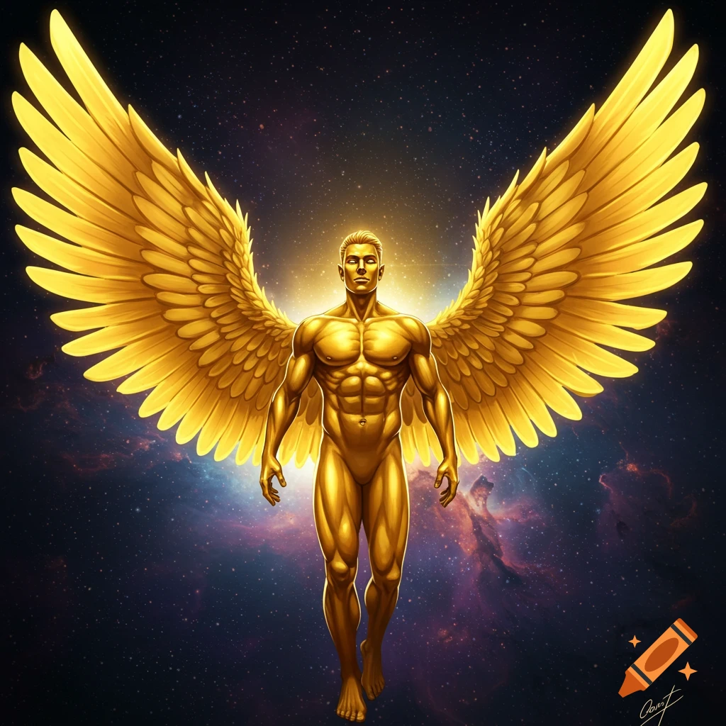 Golden muscular man with large gold wings stands in a starry space background.