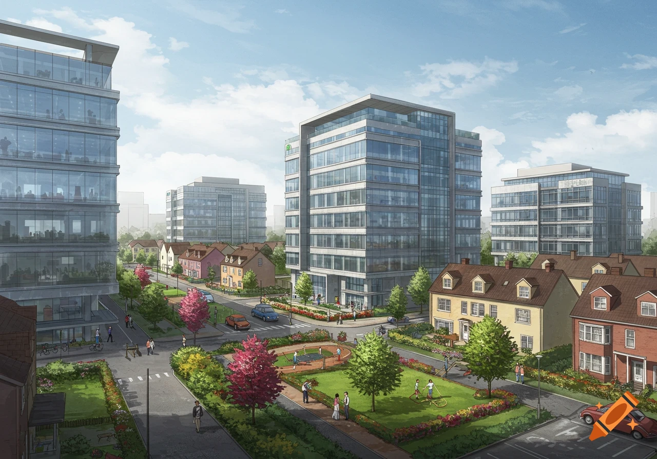 Architectural rendering of a mixed-use development with modern office buildings, traditional houses, and a park.