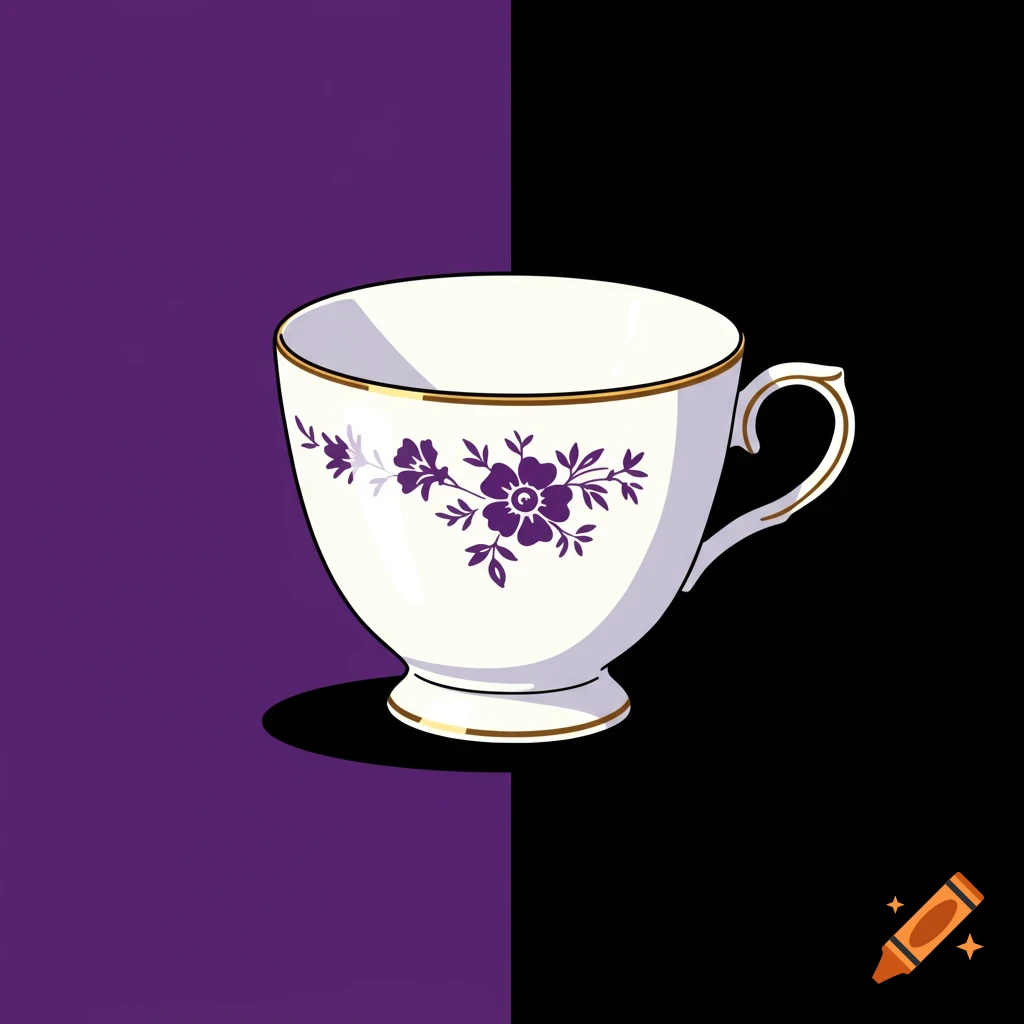 Clip art style white teacup with purple floral pattern on a split purple and black background.