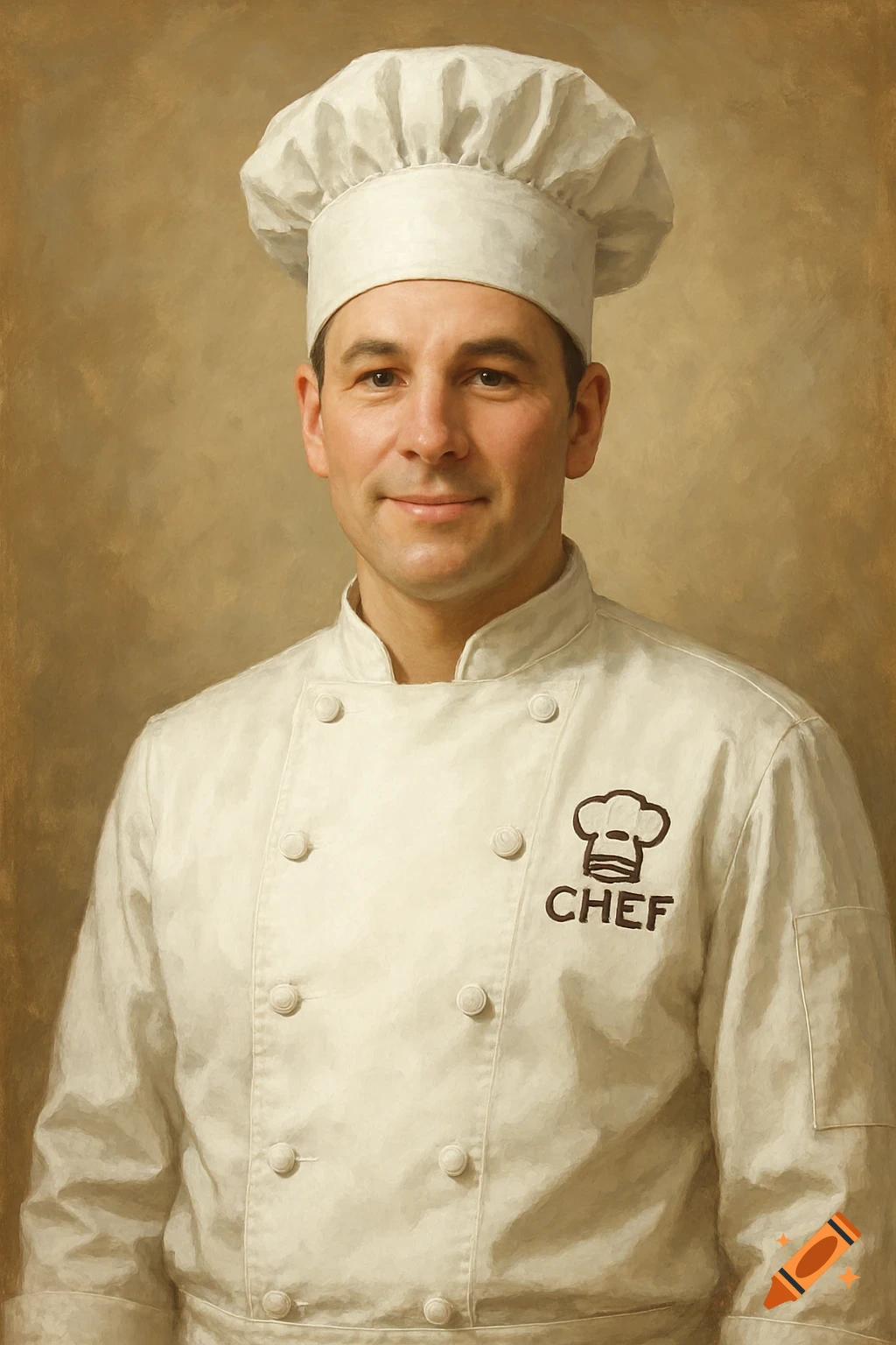 Painted portrait of a man in a chef uniform with a logo.