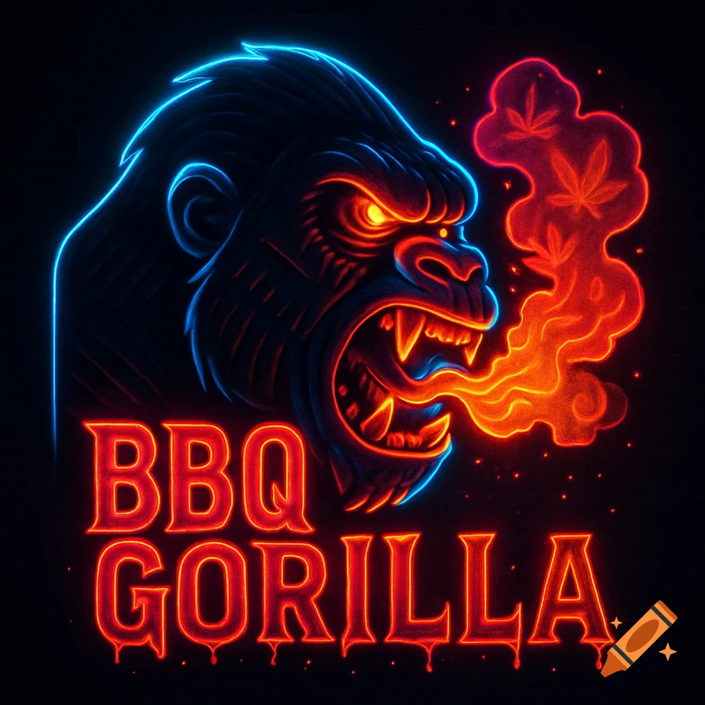 Neon art of an aggressive gorilla head breathing fire with the text "BBQ GORILLA" below.