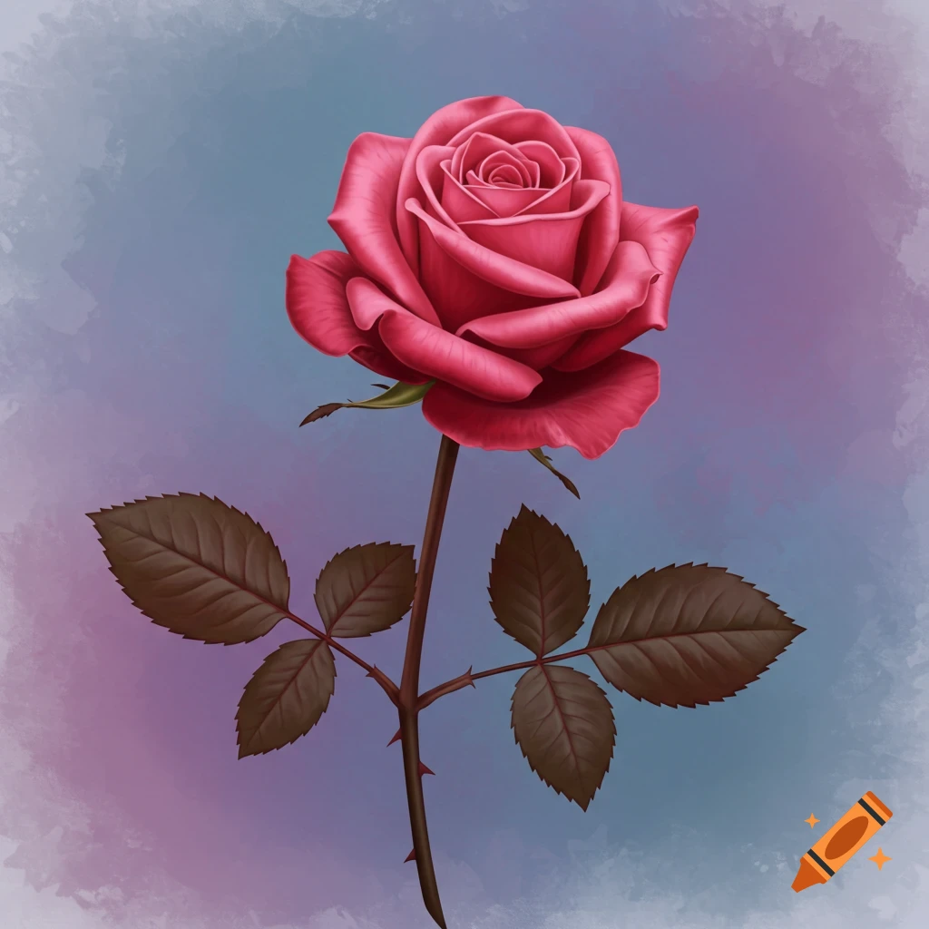 A single pink rose with green leaves and thorns on a stem, against a blue and purple watercolor background.