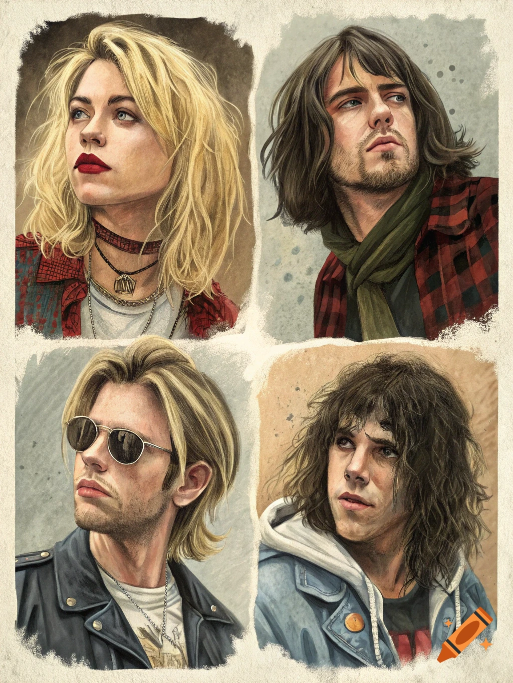 Four artistic portraits of people in a 90s grunge style in a grid.