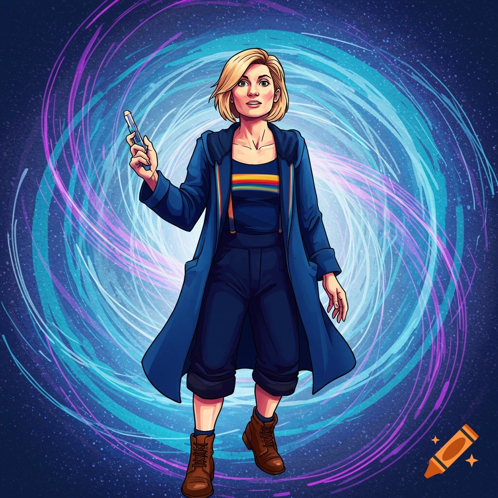Illustrated woman in blue coat holding a device against a swirling blue and purple vortex background with stars.