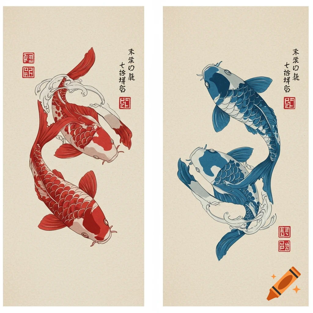 Two panels of minimalist Japanese art: red koi swimming up, blue koi swimming down.