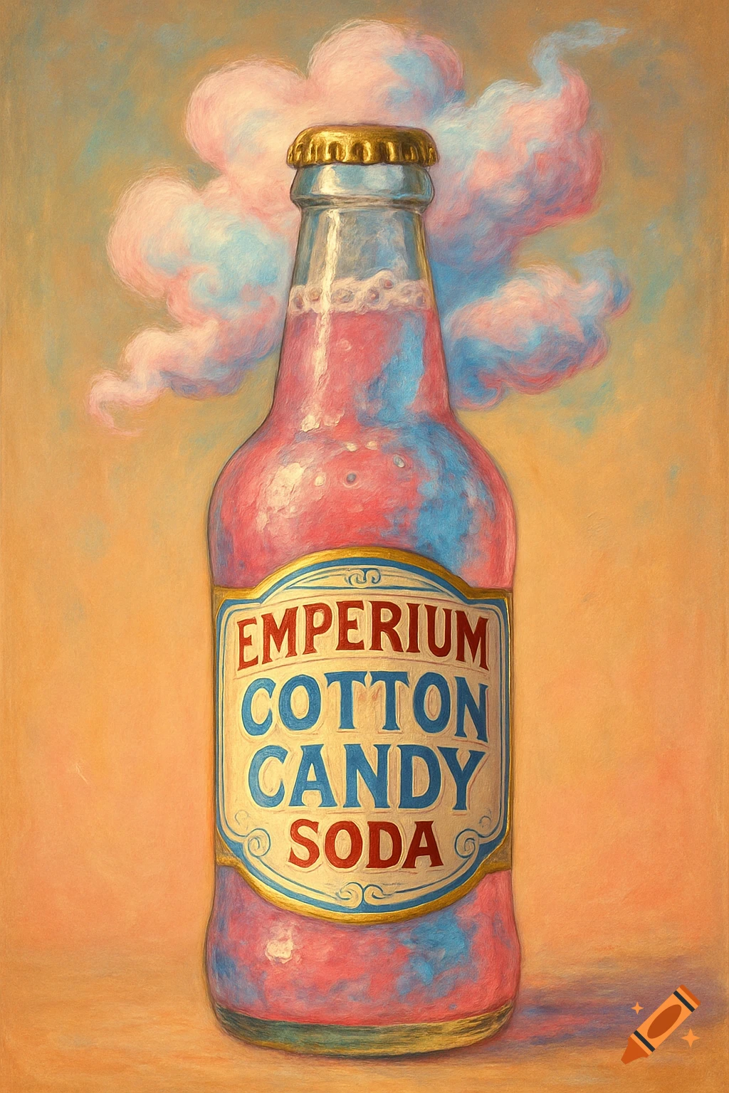 A bottle of Emperium Cotton Candy Soda in a painterly style.