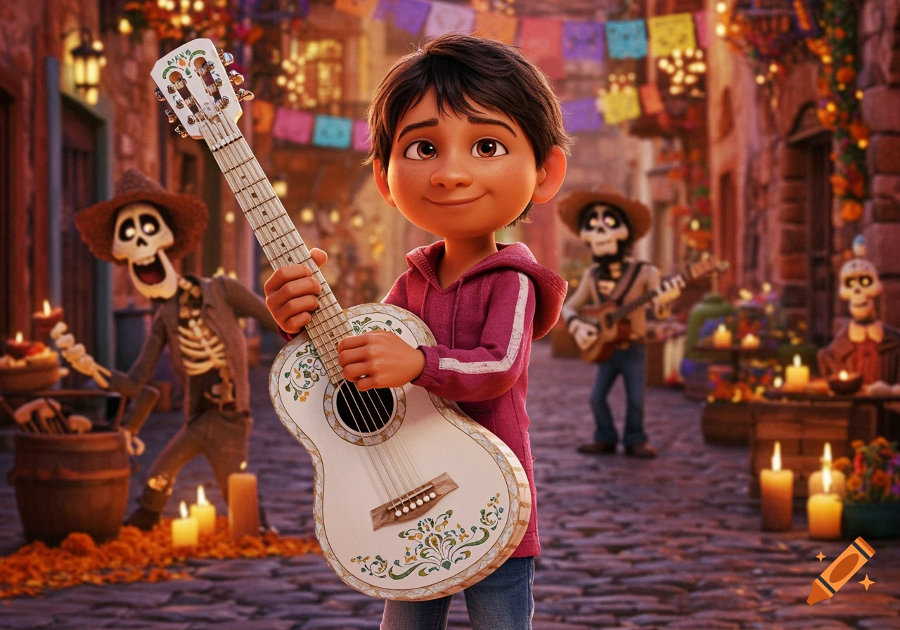 Miguel from Coco playing a guitar on a festive street with skeletal figures in a 3D animated style.