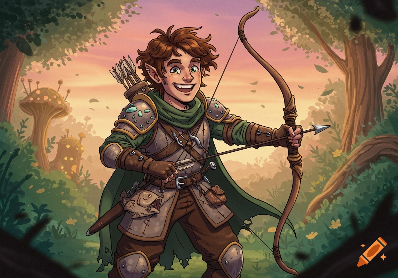 Cartoon fantasy archer with a bow in a forest.