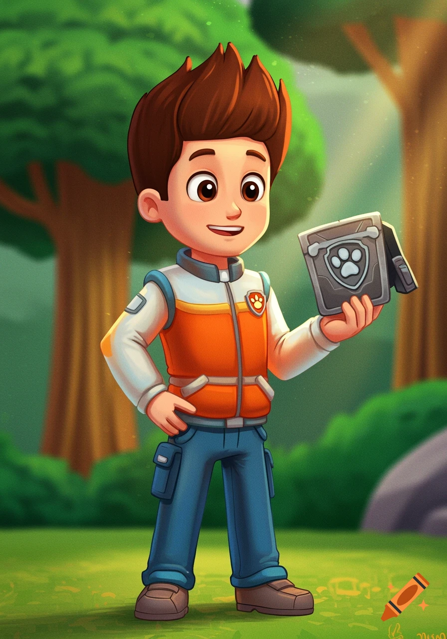 A boy in an orange and white vest holds up a device with a paw print in a forest clearing.