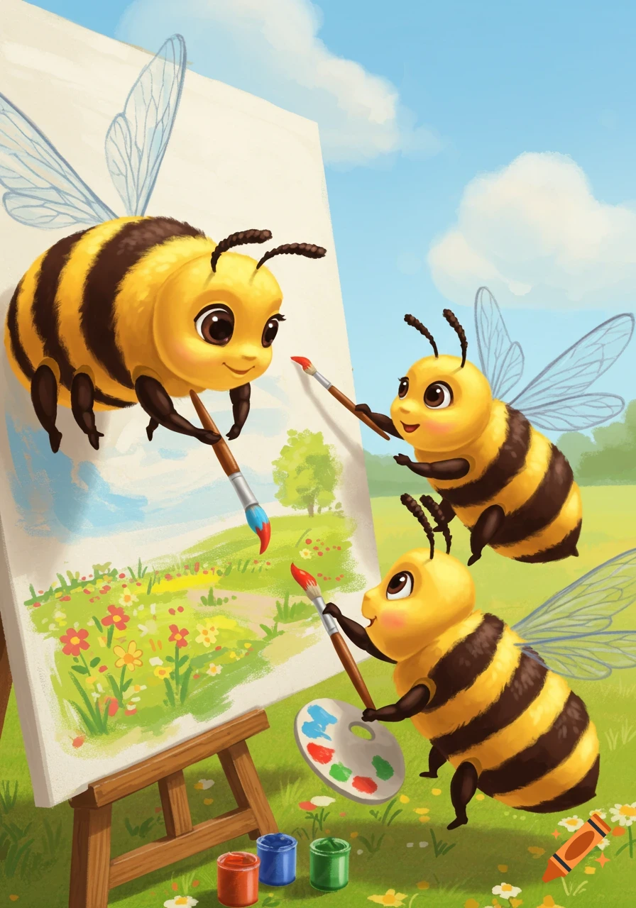 Cute cartoon bees paint a landscape on an easel in a sunny field.