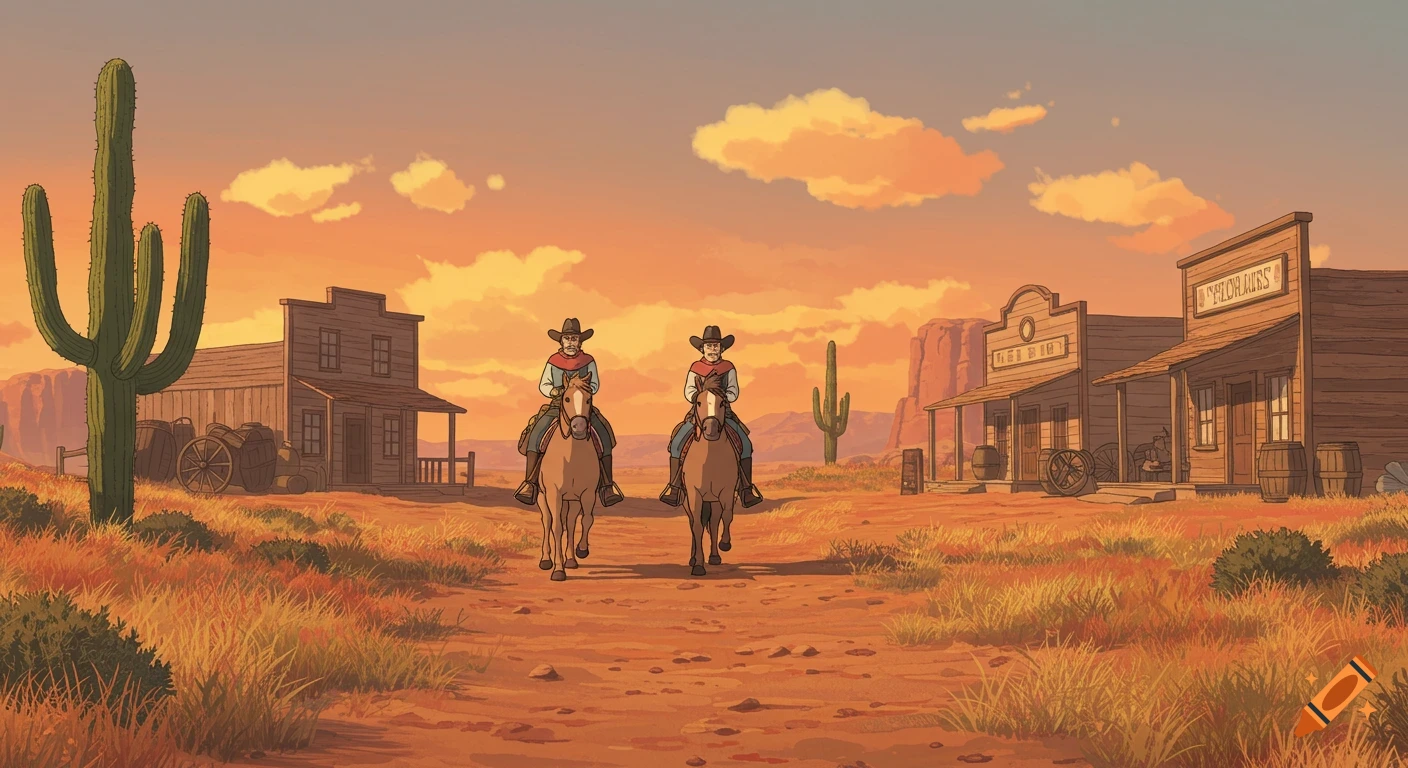 Two cowboys ride horses towards a Western town under an orange sunset sky in a desert landscape, illustration style.