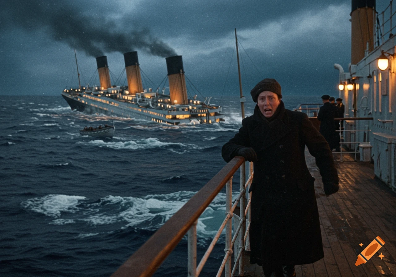 Person reacts in distress on the deck of a large ship sinking in rough seas under a stormy sky.