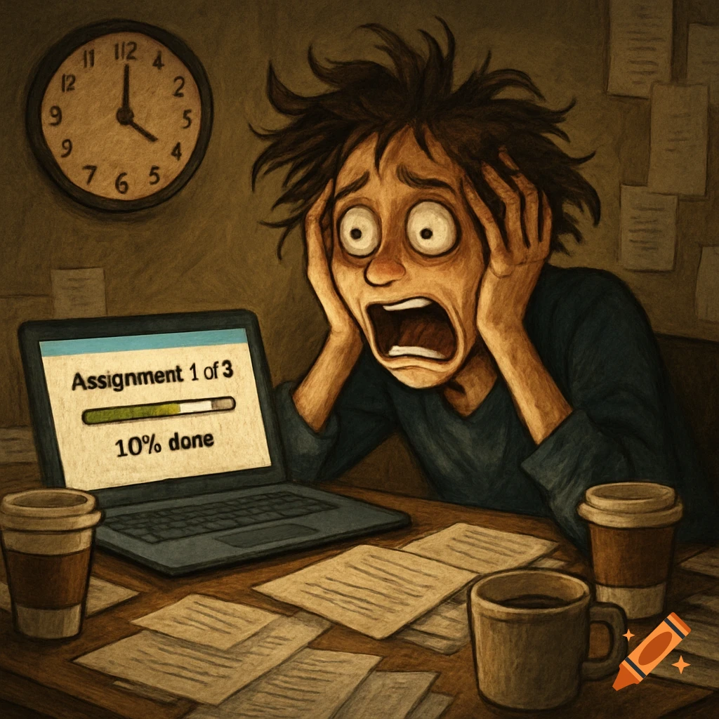 Illustration of a panicked student at a messy desk with a laptop showing "Assignment 1 of 3 -- 10% done".