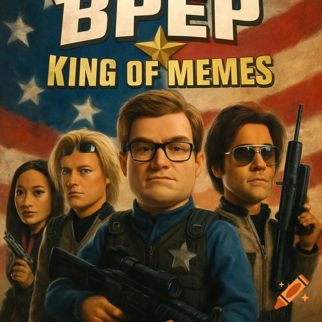 Movie poster with puppet characters holding weapons against an American flag background, titled BPEP KING OF MEMES.