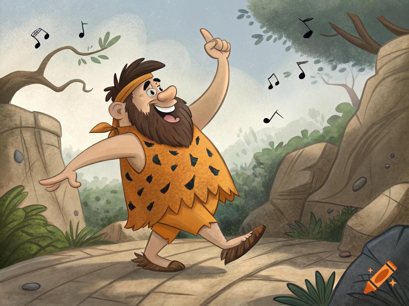 A cartoon caveman dances outdoors with musical notes floating around him.
